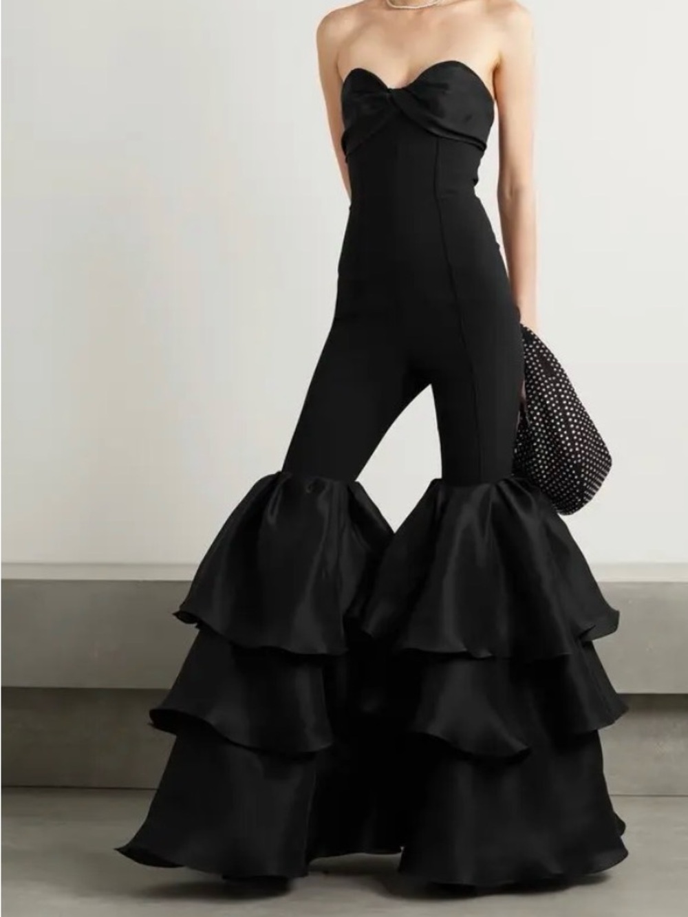 Carolina Herrera Black Strapless Tiered-Ruffle Wide-Leg Jumpsuit